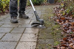 Rasentrimmer mit Unkrautbürste reinigt moosige Pflasterfugen im Herbst