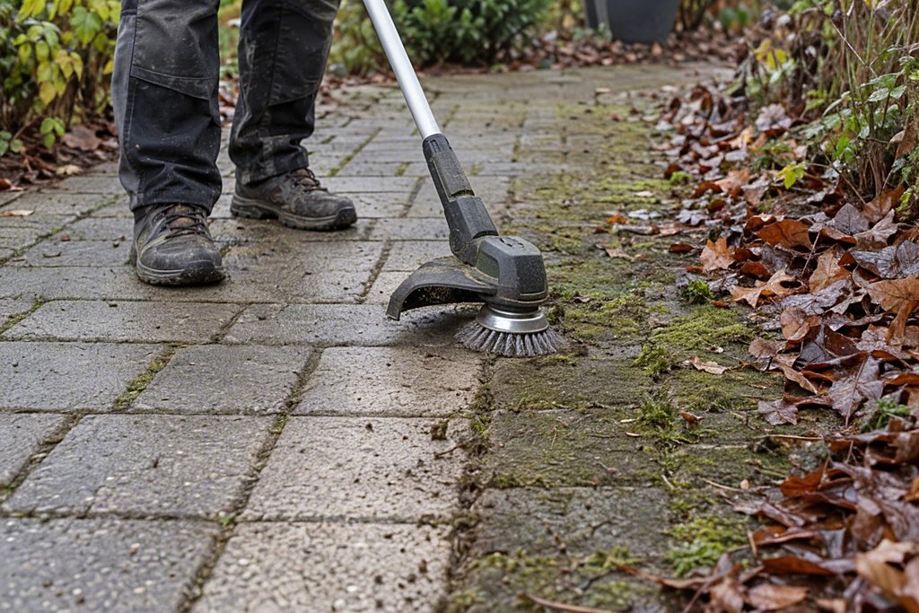 Rasentrimmer mit Unkrautbürste reinigt moosige Pflasterfugen im Herbst